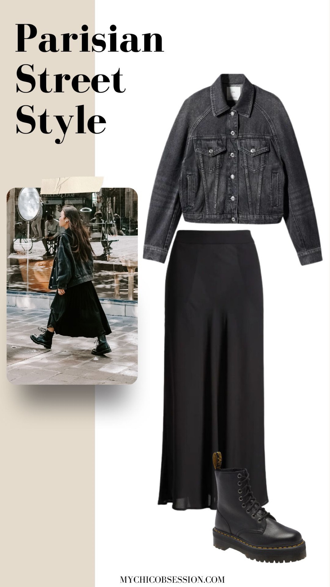 For a little bit of a grungier edge to your street style, start with your favorite neutral tee and then layer a black denim jacket, a black maxi skirt, and a pair of lace up Doc Martens or your preferred pair of boots.

#LTKSeasonal #LTKstyletip