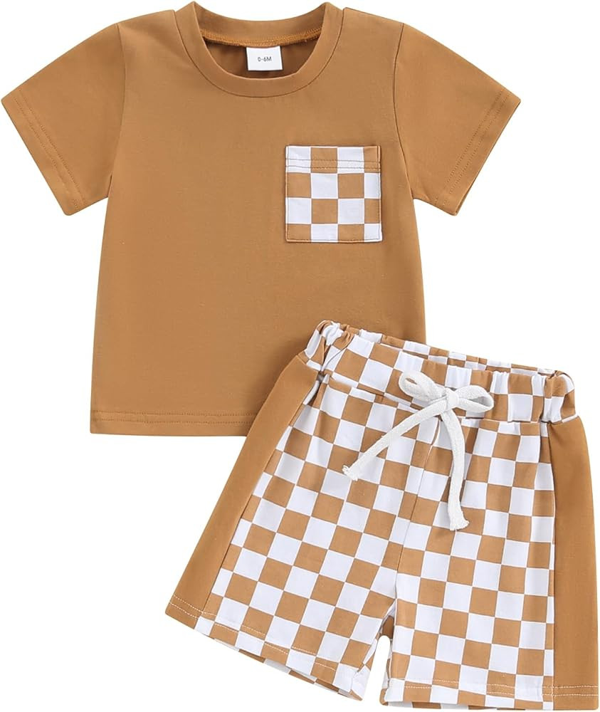 Karesoull Toddler Baby Boy Summer Clothes Set Short Sleeve Checkered Tops & Shorts Novelty Color ... | Amazon (US)