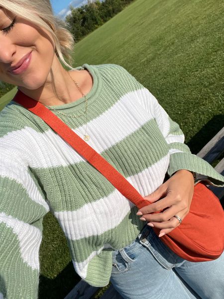 Fall green striped sweater 
Amazon striped sweater - Small
Amazon crossbody purse - orange
Grey bandit wide leg jeans - 25

#LTKSeasonal #LTKstyletip