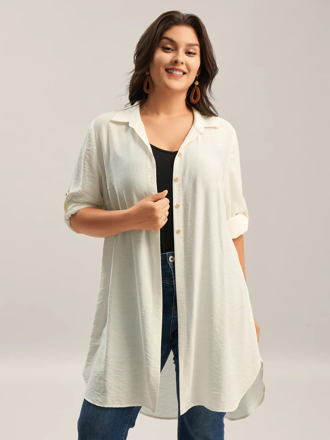 Front-Open Long Basic Blouse | Bloomchic