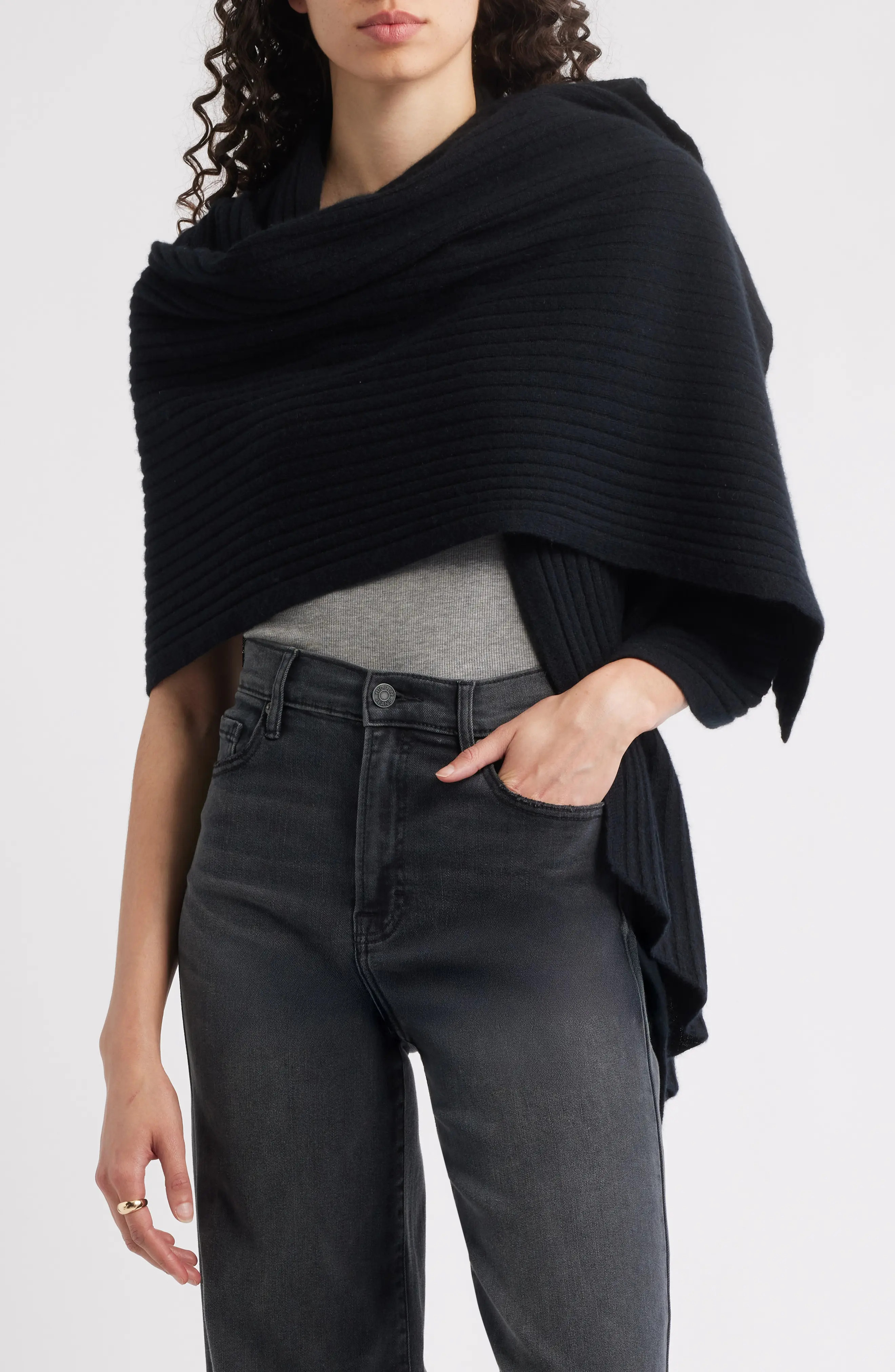 Nordstrom Rib Cashmere Travel Wrap in Black at Nordstrom | Nordstrom
