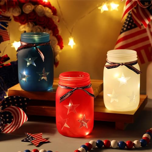 Domensi 4th of July Patriotic Table Decoration Set Rustic Mason Jar Tea Light Candle Holders with String Lights for Independence Day Centerpiece Transparent Mason Jars Labor Day Supplies | Amazon (US)