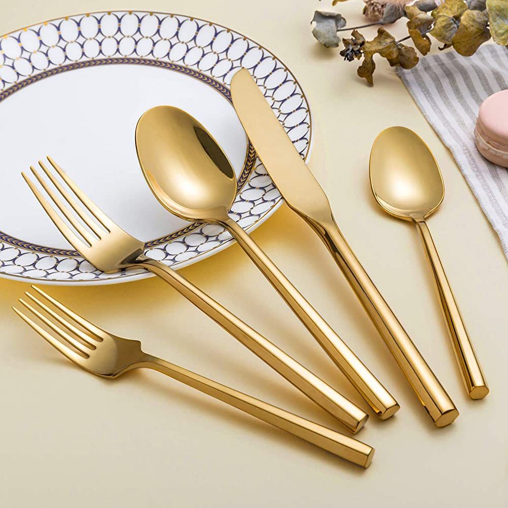 Kelenfer Silverware Set Flatware Set Shiny Gold Cutlery Set with Hexagon Handle Forged Stainless ... | Amazon (US)