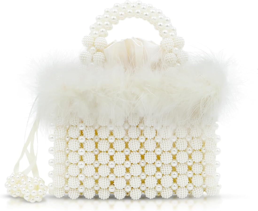 Women Pearl Purse,Evening Bags, Artificial Pearl Clutch, Square Feather Handbags, White Purse for... | Amazon (US)