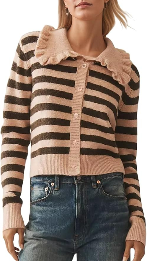 Women's Ruffle Peter Pan Collar Crop Cardigan Stripe Color Block Button Down Open Front Knit Swea... | Amazon (US)