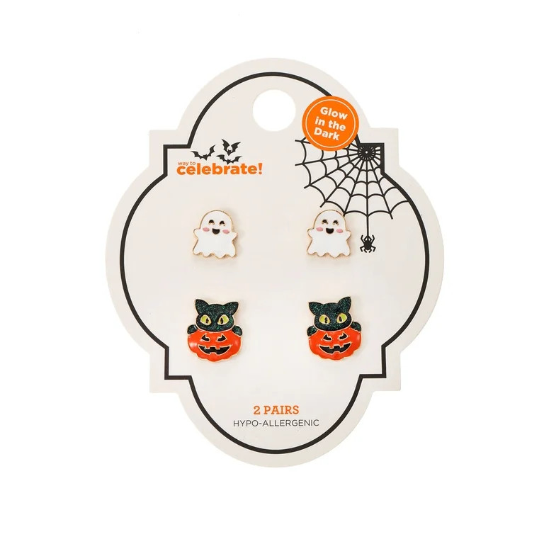 Way to Celebrate Ghost & Kitten Halloween Stud Earrings, 2 Pairs | Walmart (US)