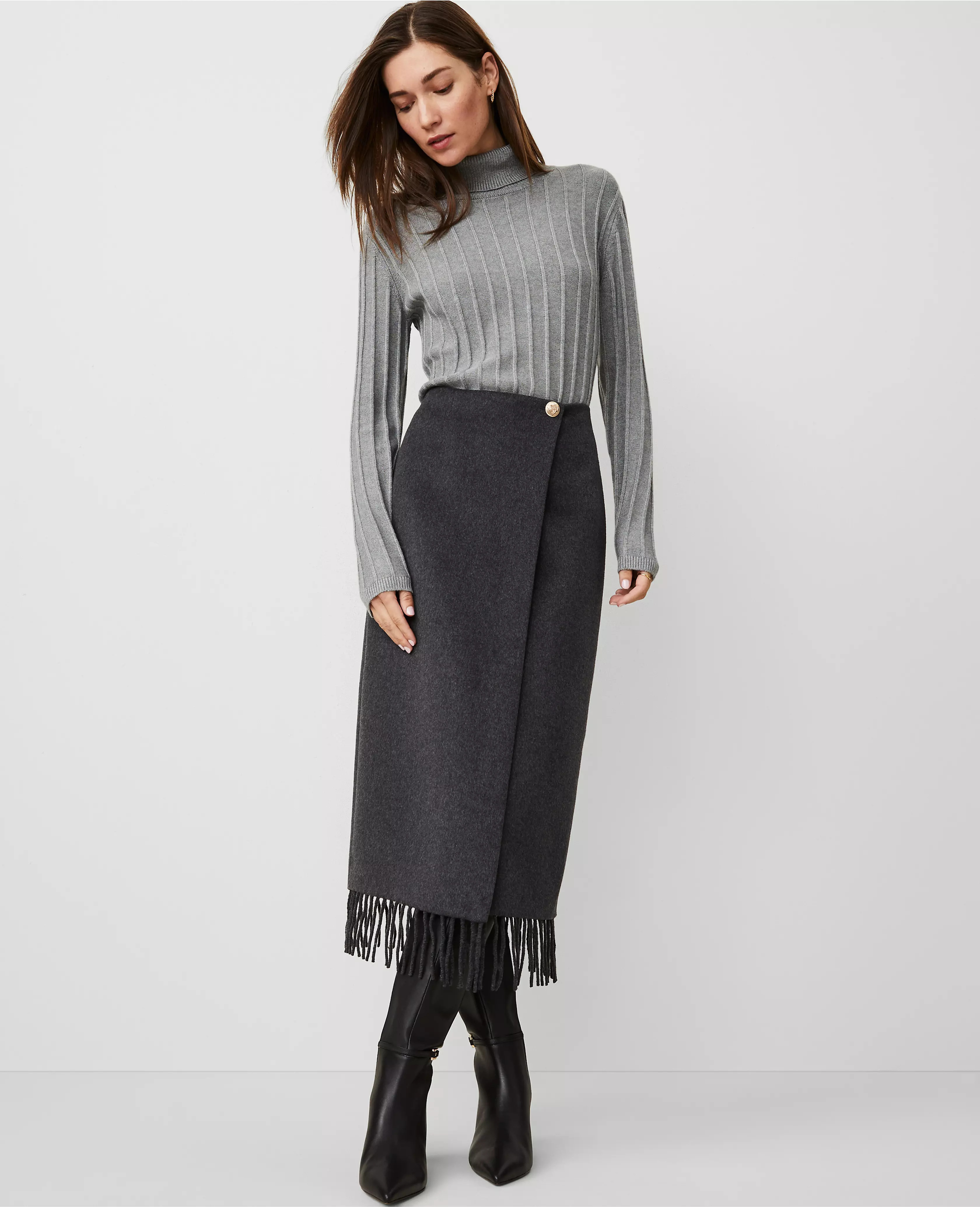 Button Waist Wrap Fringe Midi Skirt | Ann Taylor (US)
