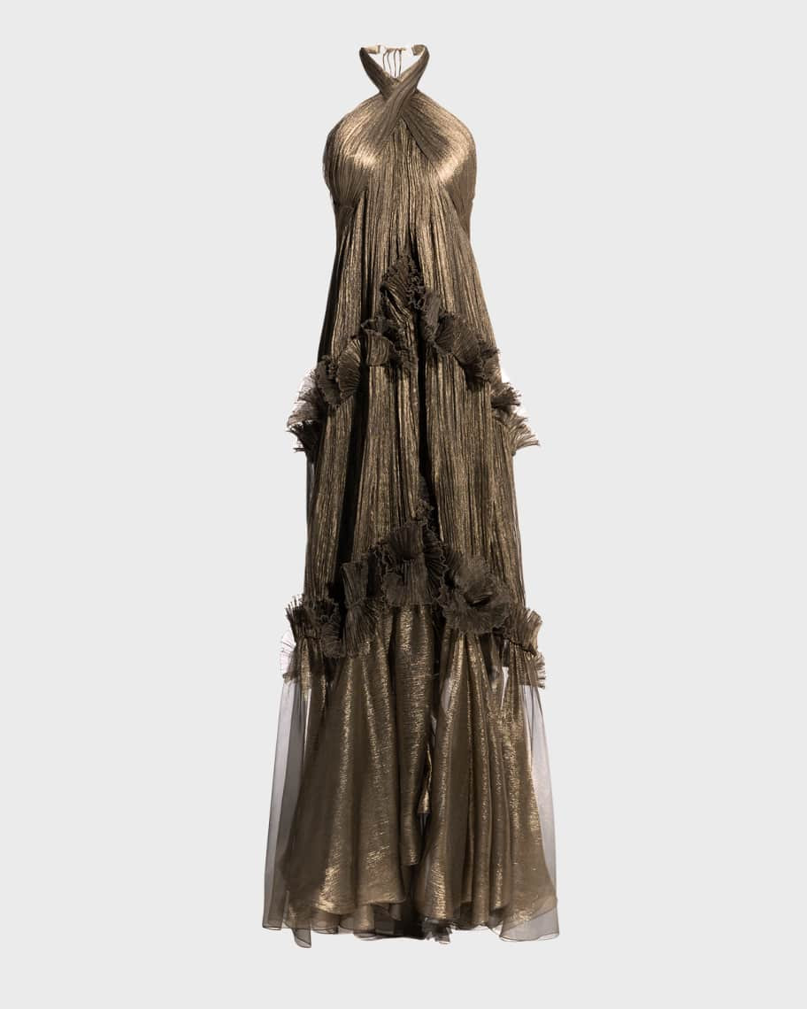 Maria Lucia Hohan Zadie B Metallic Tiered Ruffle Halter Gown | Neiman Marcus