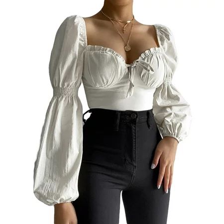 Multitrust Women Ruffle Puff Long Sleeve Crop Tops Shirts Slim Off Shoulder Corset Blouse | Walmart (US)