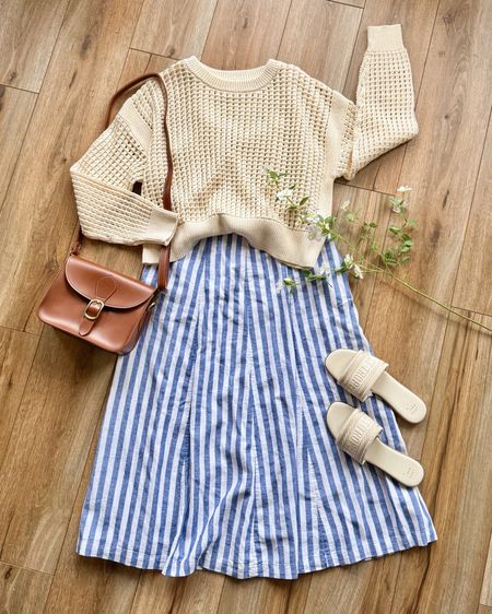 Beach outfit. Blue striped linen dress. Fourth of July outfit. Memorial day outfit. Summer outfit. Casual dress outfit. Open knit sweater.

#LTKSaleAlert #LTKGiftGuide #LTKSeasonal
