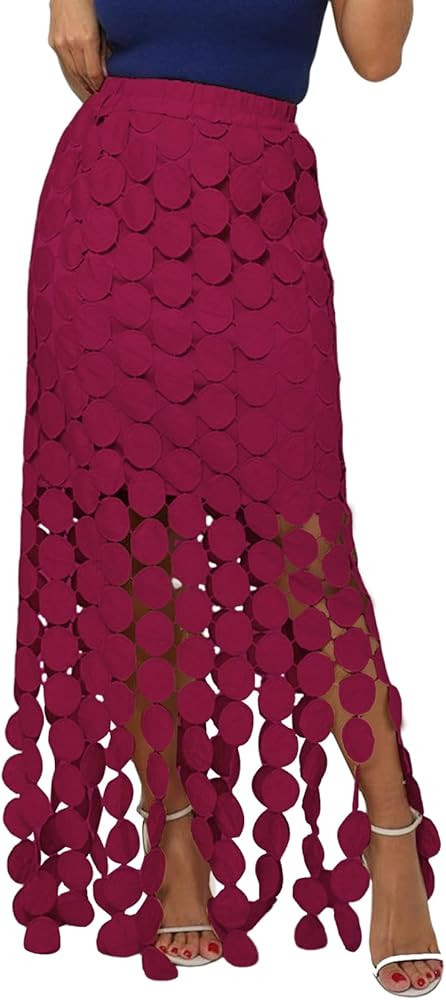 Yimoon Womens Hollow Out Maxi Skirts Boho Fringe Hem Long Skirt Tulle Elastic High Waist Tassel F... | Amazon (US)