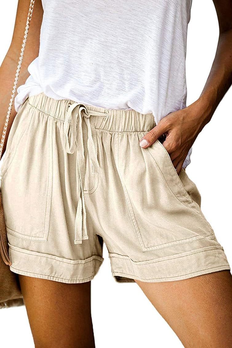 OURS Womens Summer Beach Shorts Elastic Waist Drawstring Lightweight Pocketed Short Lounge Pants | Amazon (US)