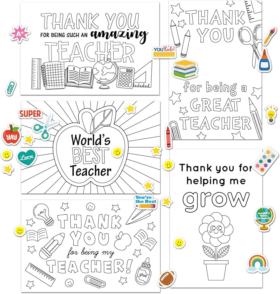 4x6 Kids Teacher Appreciation Cards Teacher Thank You Cards with Stickers for Coloring and Fun DI... | Amazon (US)