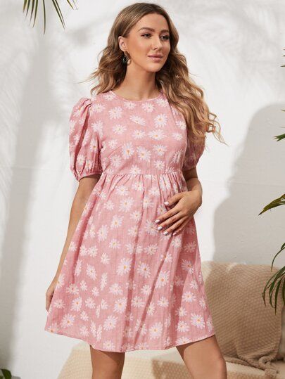 SHEIN Maternity Allover Floral Print Puff Sleeve Dress | SHEIN