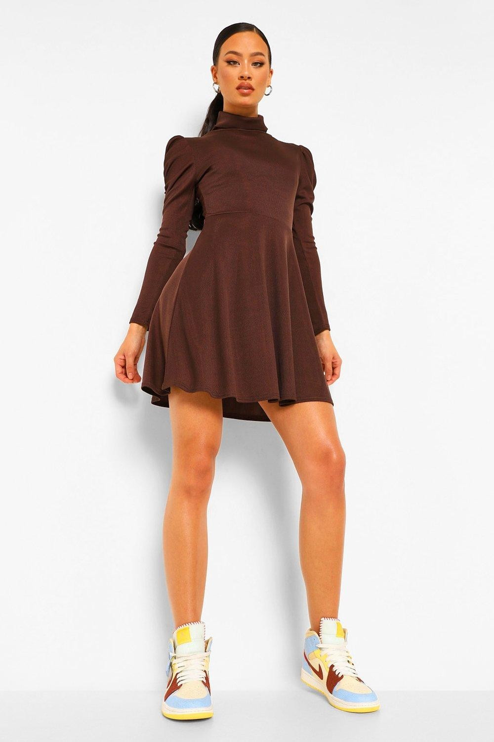 Womens Rib Rouche Sleeve Skater Dress - Brown - 8 | Boohoo.com (US & CA)