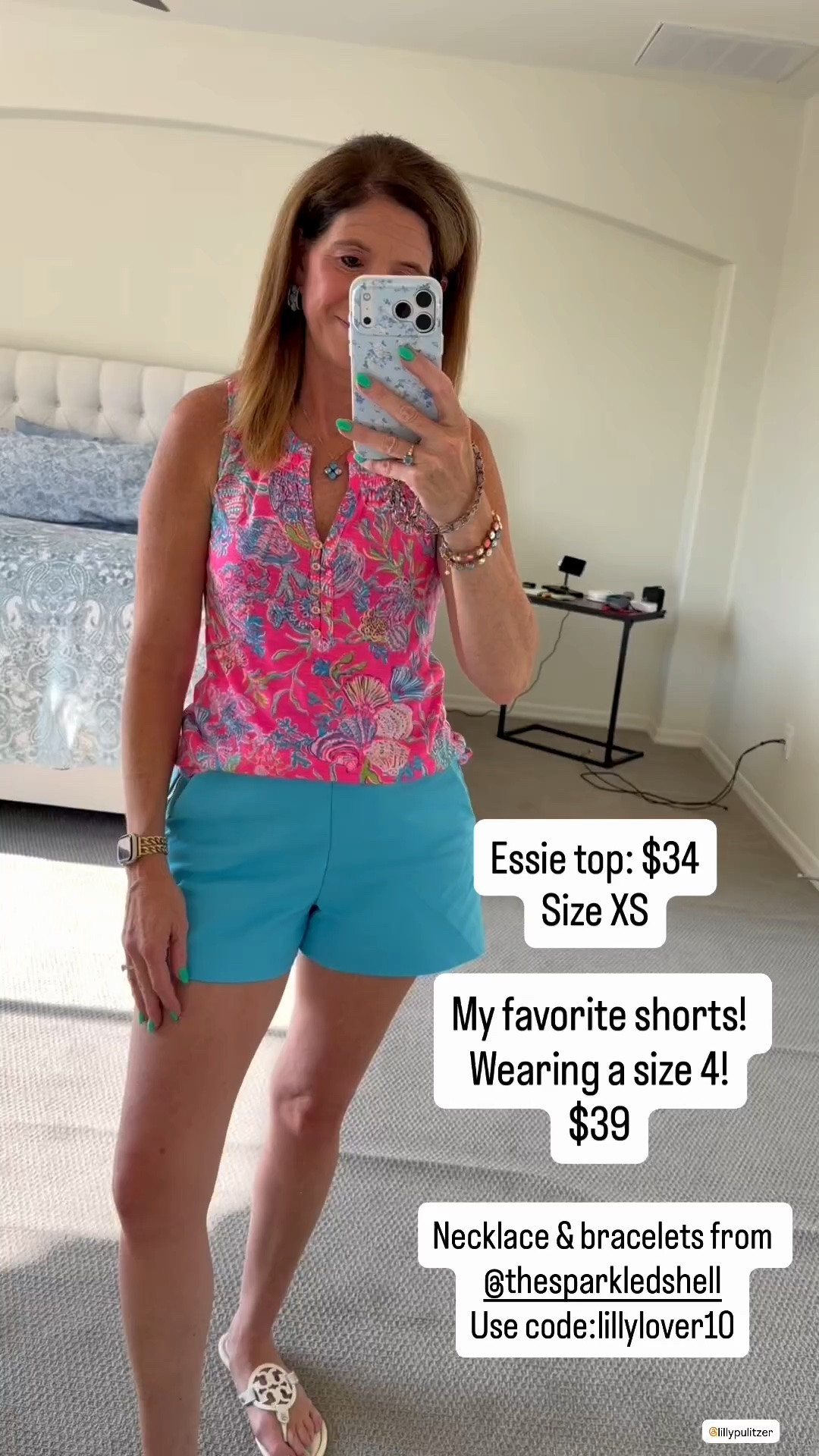 Lilly Pulitzer Sale 

A little pink + turquoise sunshine for your Tuesday! 🩷🩵 Both my Lilly Pulitzer Essie top and my favorite shorts are currently in the Sunshine Sale!

Such a cute outfit for a sunny getaway—and both pieces are easy to mix and match with other favorites.

I’m wearing an XS in the top and a size 4 in the shorts.

My necklace and bracelets are from thesparkledshell.com.
Use code lillylover10✨

#LillyPulitzer #LillyPulitzerSale #SunshineSale #VacationOutfit #ColorfulStyle
#ltksalealert 

Lilly Pulitzer Essie top, Lilly Pulitzer shorts, Sunshine Sale, pink printed top, turquoise shorts, colorful vacation outfit, resort wear, summer outfit, Tory Burch,