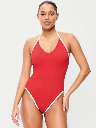 Ribbed V-Neck Halter One-Piece Swimsuit | Old Navy (US)
