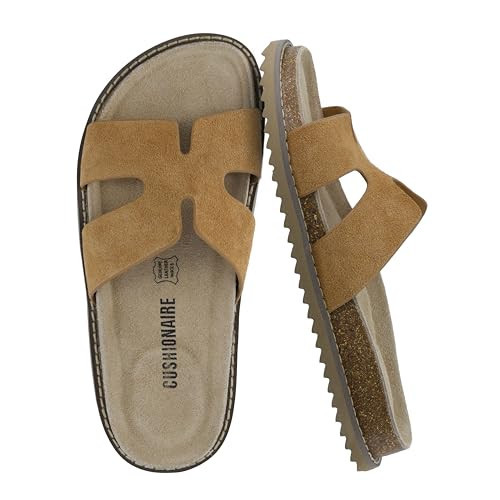 CUSHIONAIRE Wisdom Womens Sandals Cutout Strap Genuine Leather Slides – Slip On Cork Footbed Sandals for Women 2025, CHESTNUT 8 | Amazon (US)