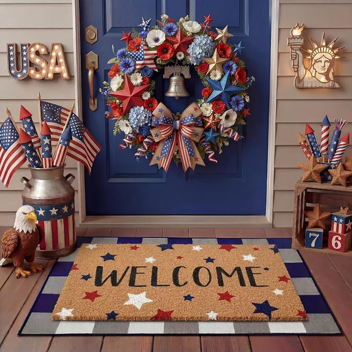 Tinideya 2 Pcs 4th of July Door Mat Patriotic Welcome Non Slip Coir Mats Red Blue White Independe... | Amazon (US)