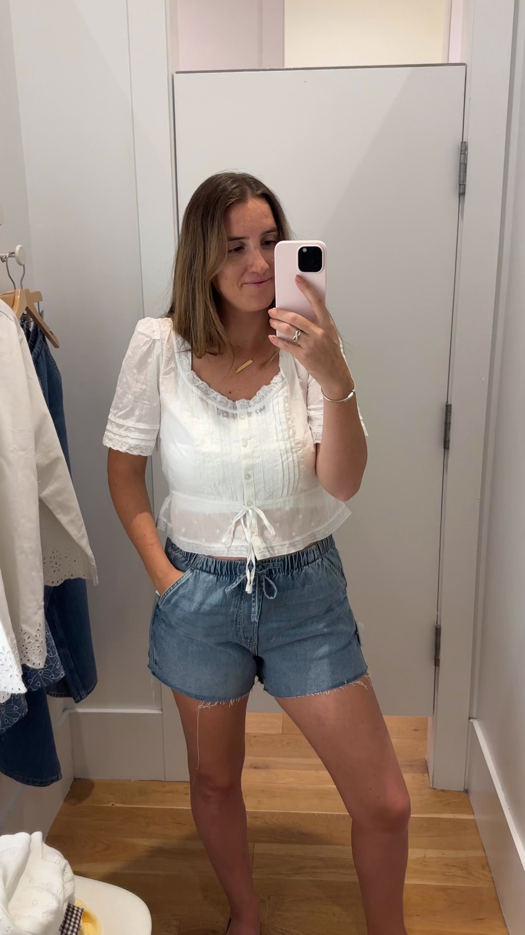 Gap white lace top with denim drawstring shorts! Wearing a size medium denim shorts and small top! 

#LTKTravel #LTKSaleAlert #LTKmomlife