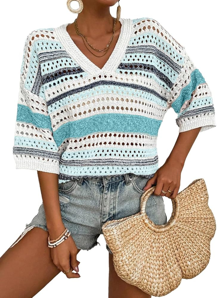 Acelitt Womens Short Sleeve Crochet Knit Sweater Hollow Out Striped Tops Beach Vacation Cruise Ou... | Amazon (US)
