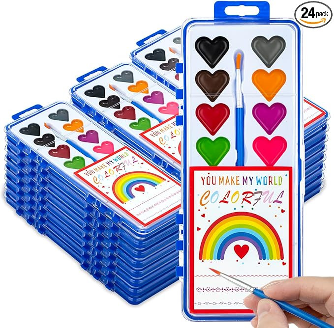 Valentines Day Gifts for Kids, 24 Pack Watercolor Paint Set with Paintbrush for Kids, Prizes Exch... | Amazon (US)