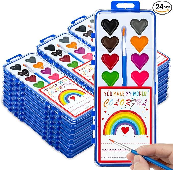 Valentines Day Gifts for Kids, 24 Pack Watercolor Paint Set with Paintbrush for Kids, Prizes Exch... | Amazon (US)