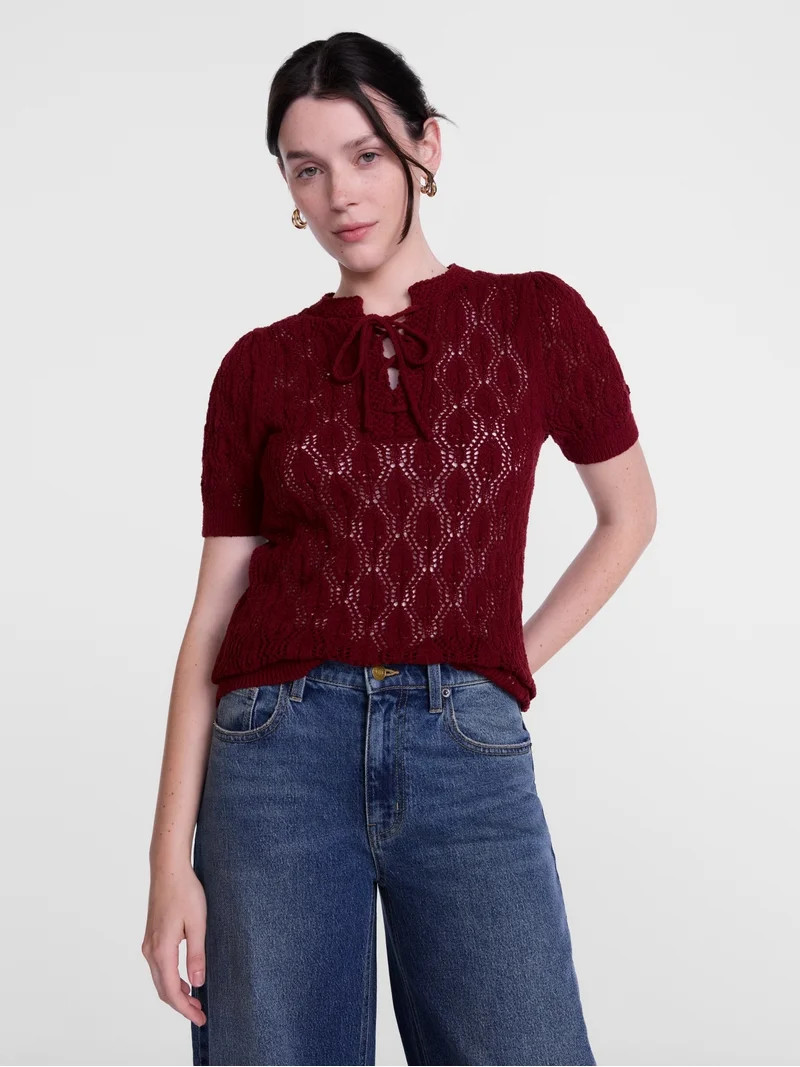 Scenario Woman's Lace Up Open Knit Sweater, Lightweight, Sizes XS-XXXL | Walmart (US)