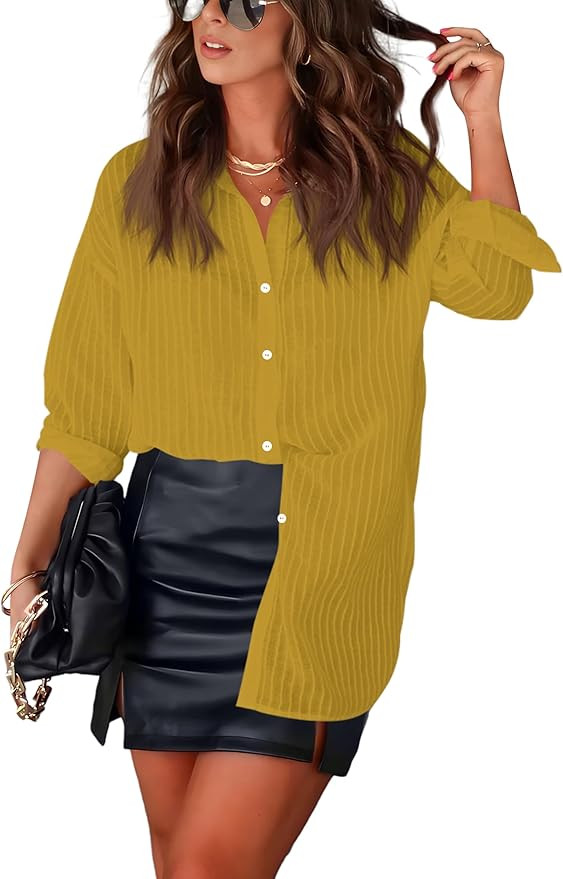 Diosun Womens Striped Sheer Button Down Shirts Long Sleeve Collared Drop Shoulder Stylish Casual ... | Amazon (US)