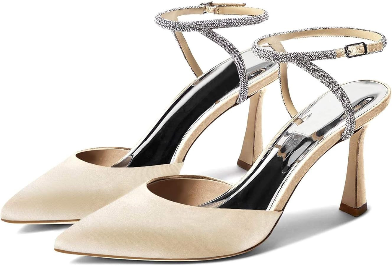 Coutgo Women Rhinestone Heels Kitten High Satin Pumps Pointed Toe Sparkly Sexy Wedding Dress Shoe... | Amazon (US)