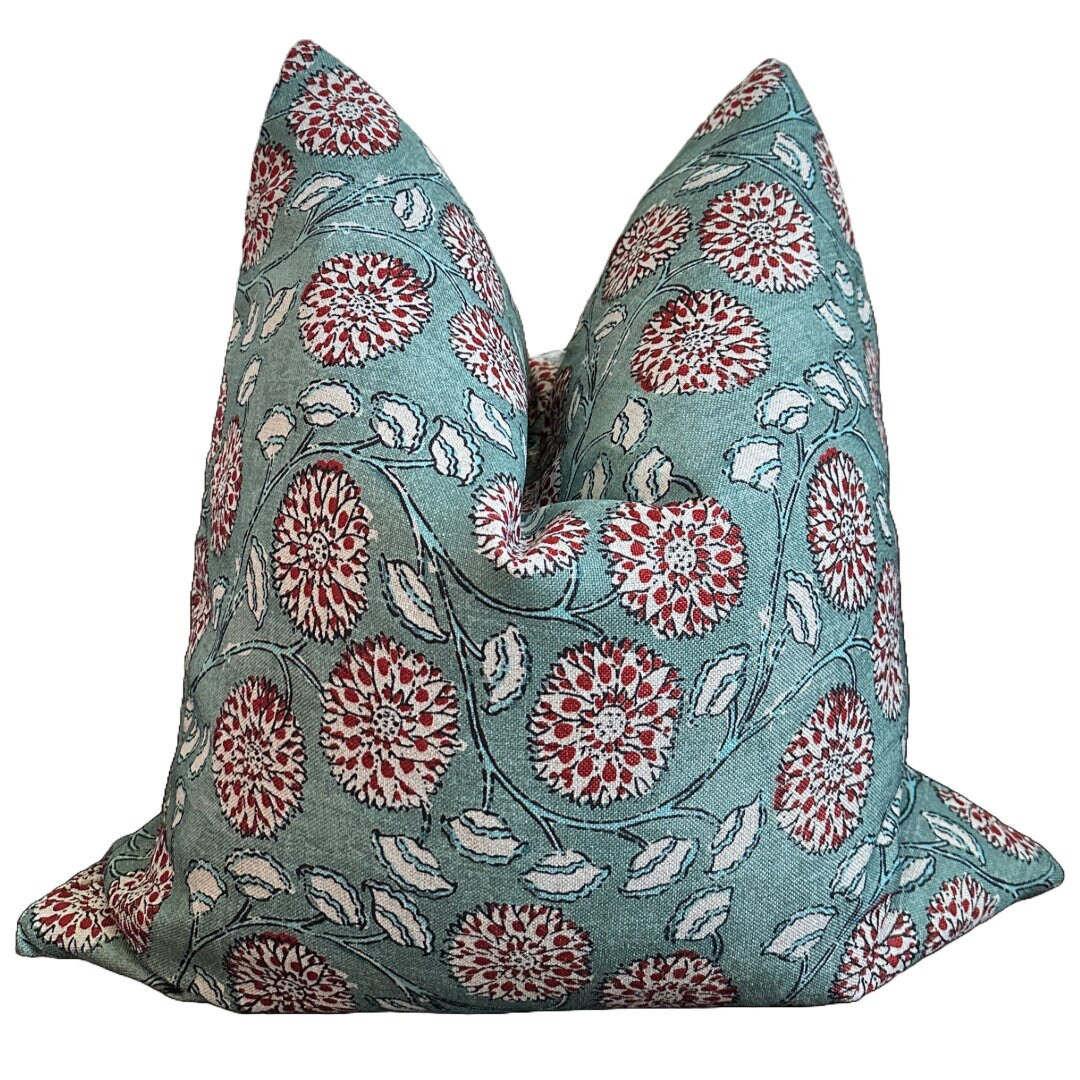 Elle Outdoor/indoor Pillow Cover, Floral, Turquoise, Teal, Red, White, Bohemian Eclectic, Linen, ... | Etsy (US)