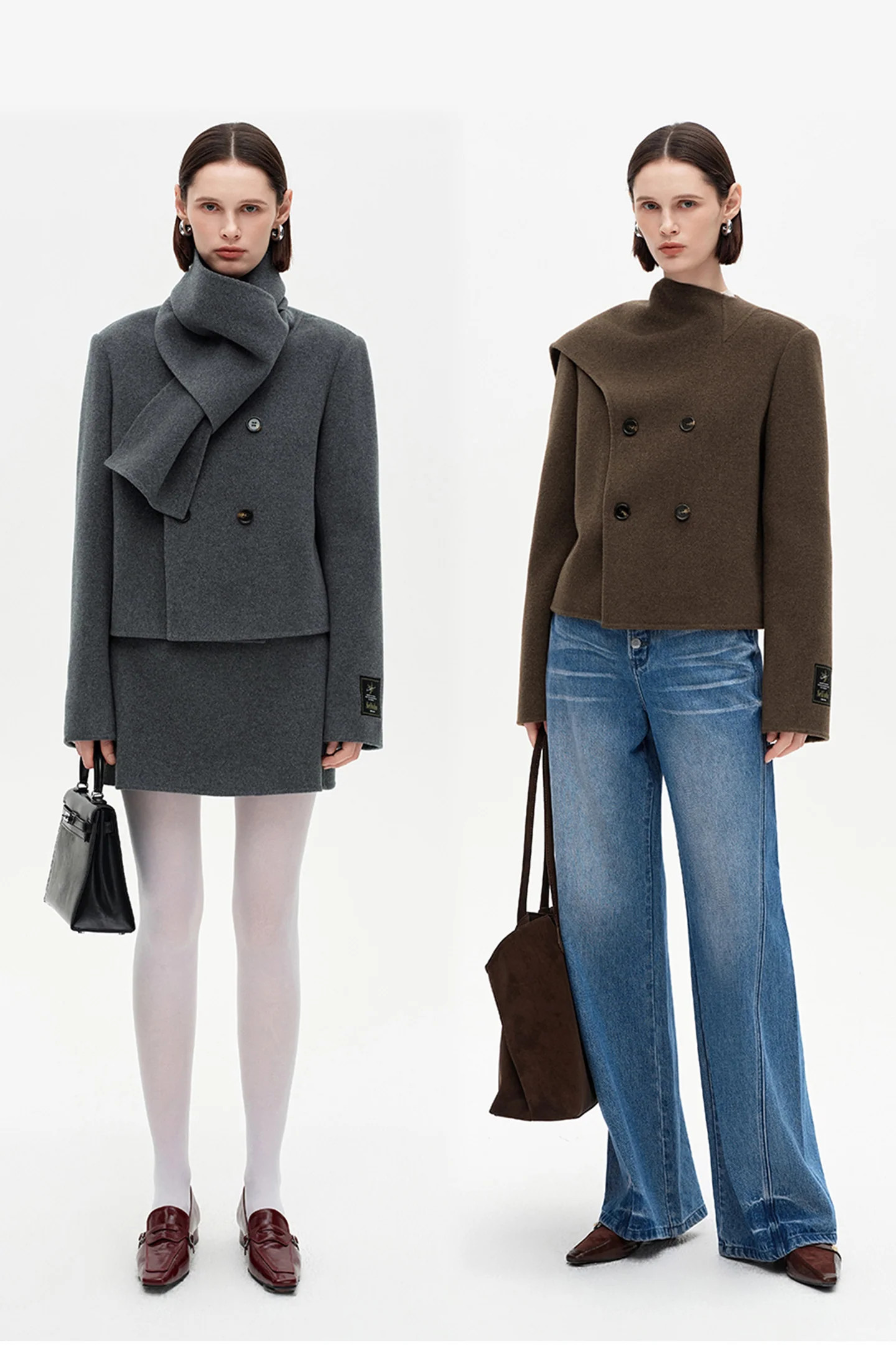 SELFWHO 100% Wool Blend Scarf Collar Short Coat | SELFWHO