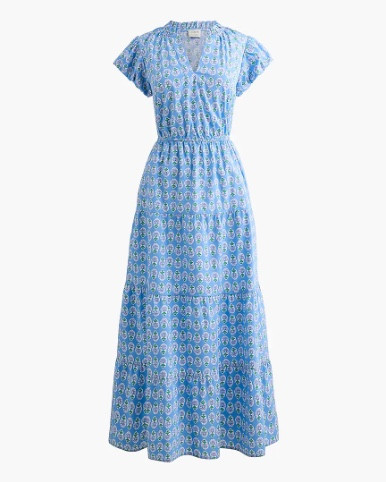 Blue patterned ruffle sleeve tiered midi dress 

#LTKSeasonal #LTKSaleAlert