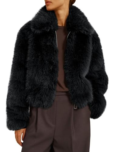 Tankaneo Womens Cropped Faux Fur Jacket Shaggy Lapel Zip Up Winter Coats Fuzzy Warm Outerwear | Amazon (US)