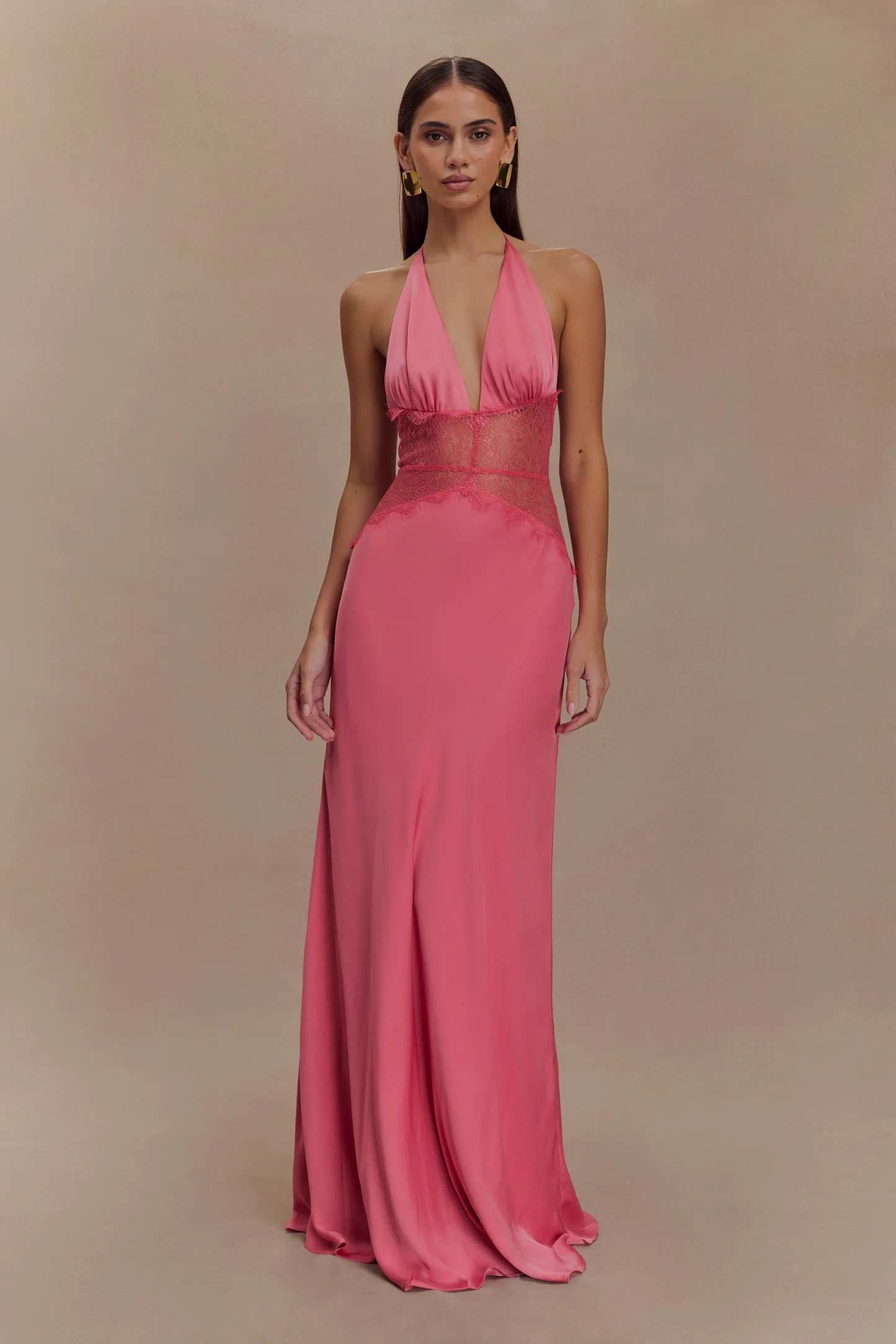 Dinah Lace And Satin Maxi Dress - Blush Rose | Meshki UK