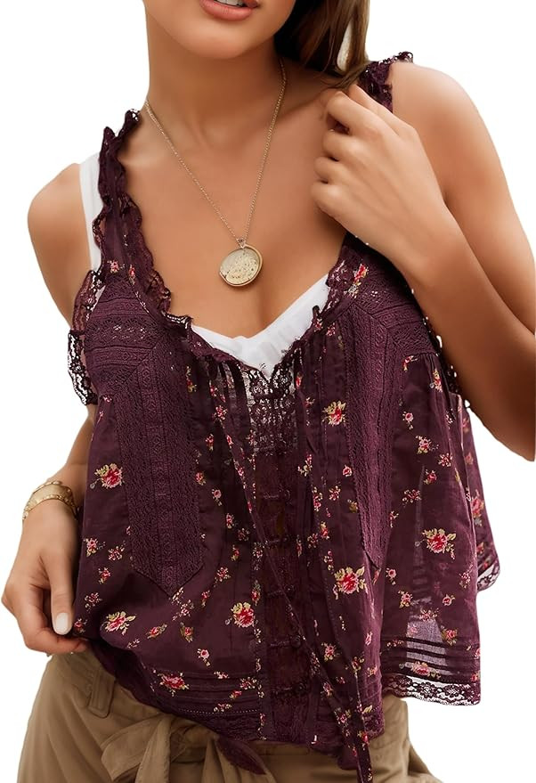 Women Summer Boho Lace Tie Front Tank Beach Vacation Top Button Down Sleeveless Cardigan Crop Y2k... | Amazon (US)