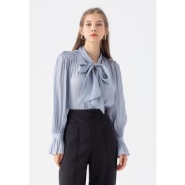Glossy Tie Neck Button Down Shirt in Blue | Chicwish