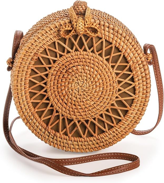 Okllen Round Rattan Bag for Women, Bohemian Style Handwoven Straw Crossbody Bags for Summer Vacat... | Amazon (US)