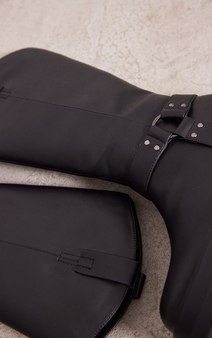 Black Cleated Sole Buckle Ring Detail Mid Calf Boots | PrettyLittleThing US