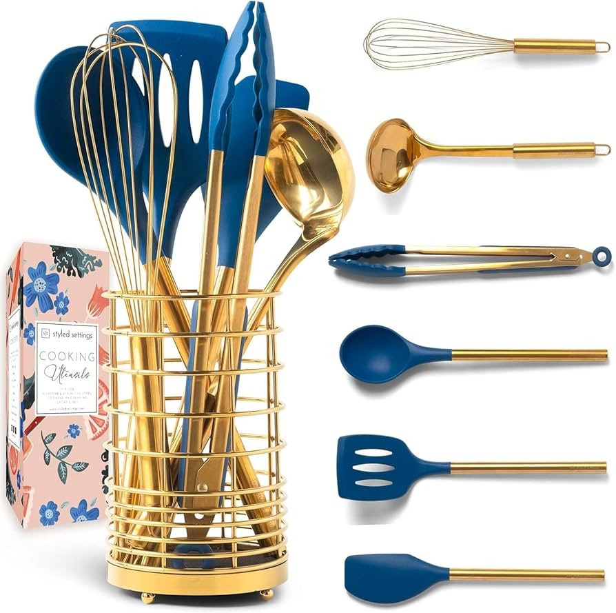 Gold and Navy Blue Kitchen Utensils Set - 7PC Silicone Cooking Utensils with Gold Utensil Holder ... | Amazon (US)
