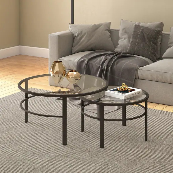 Gaia Round Metal/ Tempered Glass Nesting Coffee Table (Set of 2) - Blackened Bronze | Bed Bath & Beyond