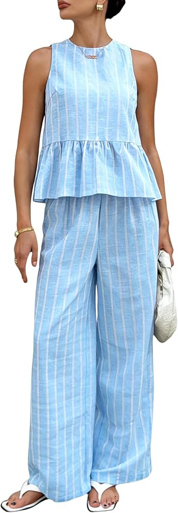 Yeokou Women 2 Piece Outfits Casual Striped Sleeveless Tank Tops High Waist Wide Leg Pants Lounge... | Amazon (US)