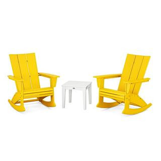Modern Curveback Adirondack Rocking Chair Lemon/White 3-Piece HDPE Plastic Patio Conversation Set | The Home Depot