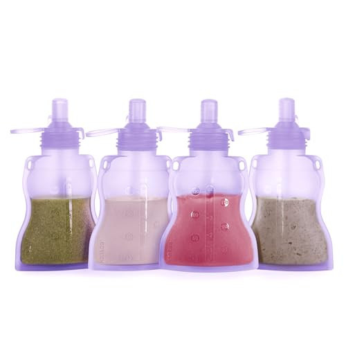 haakaa Baby Food Pouch Refillable Baby Squeeze Silicone Yummy Pouch, Soft Reusable Squeeze Storage Food Pouch for Kids Toddler,Home Made Food Puree,Smoothie Pouch Bag, 4oz, 4 Pack,6m+(Lavender) | Amazon (US)