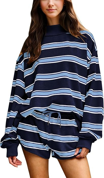 Women Striped Mock Neck Sweatshirt 2 Piece Outfits Oversized Pullover Elastic Waist Shorts Set Fa... | Amazon (US)