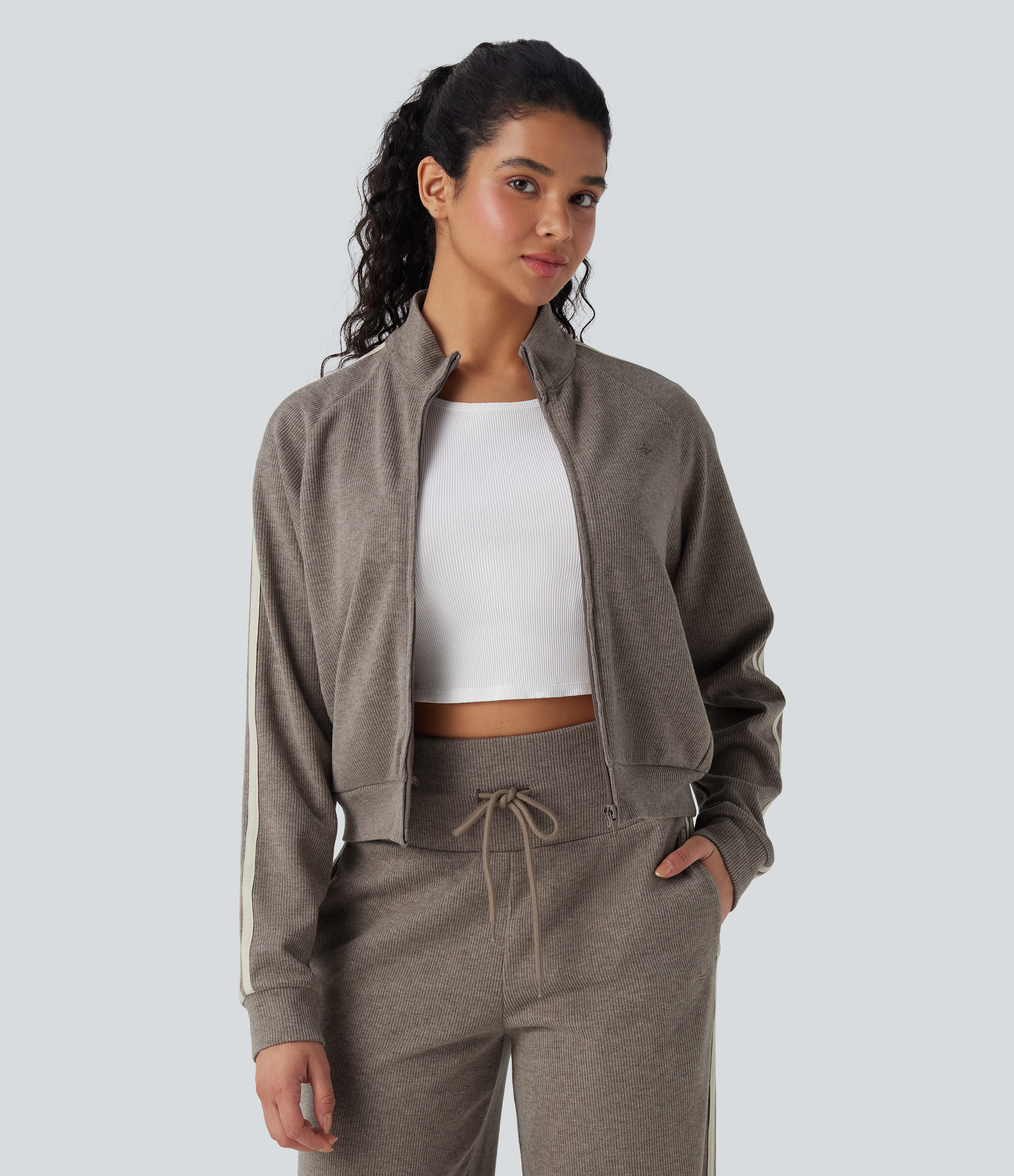 Halara Ribbed Stand Collar Long Sleeve Zipper Color Block Casual Jacket with Pockets - Taupe Stripe - L | HALARA