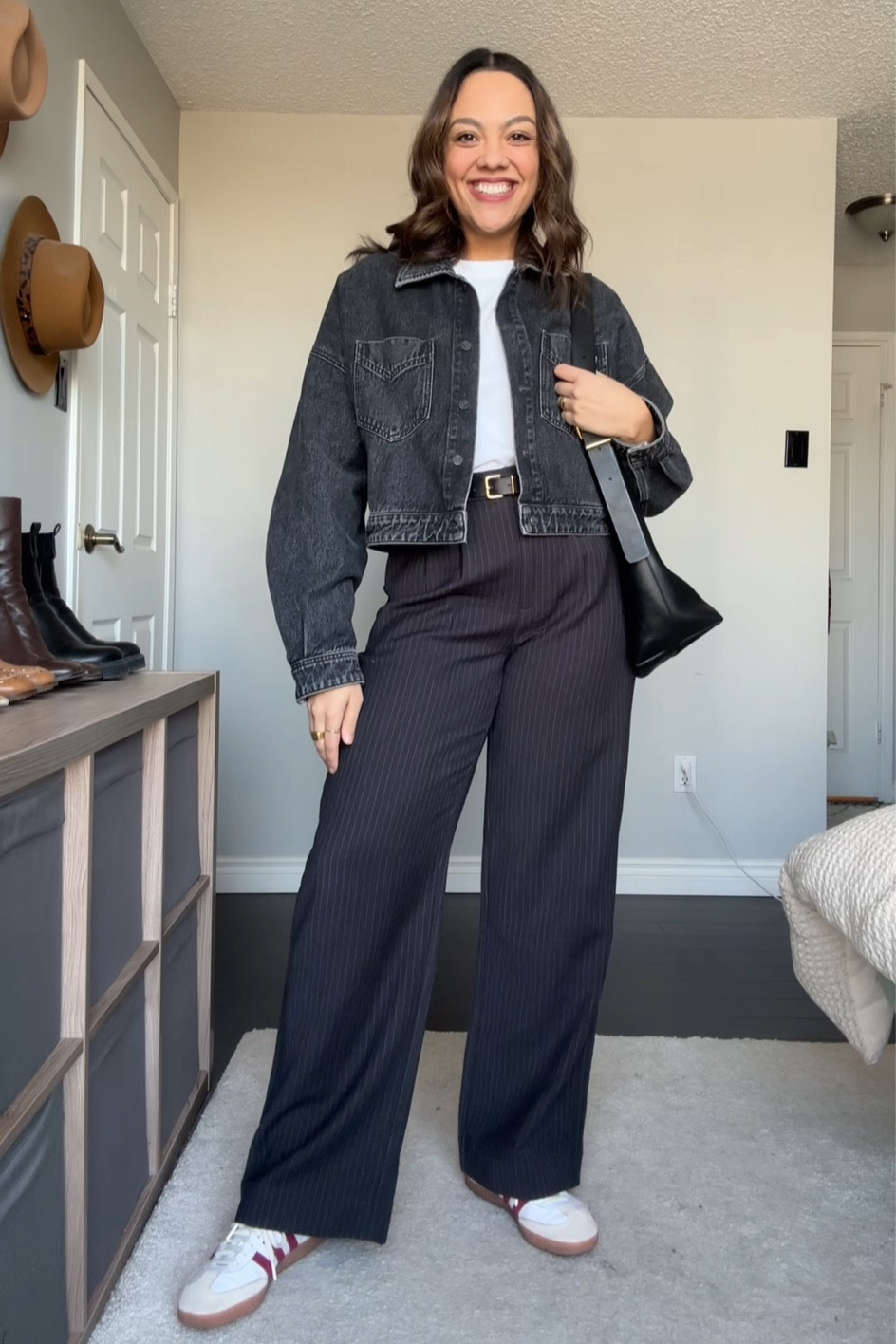 Workwear outfit inspiration!
-White T-shirt from Aritzia, I have a small 
-Washed black cropped denim jacket from Agolde, I have a medium 
-Abercrombie grey pinstriped high rise tailored trousers, I have a size 30 long
-Black belt with gold buckle
-Adidas Sambas
-Madewell black leather bucket tote bag


#LTKfindsunder100 #LTKSeasonal #LTKstyletip