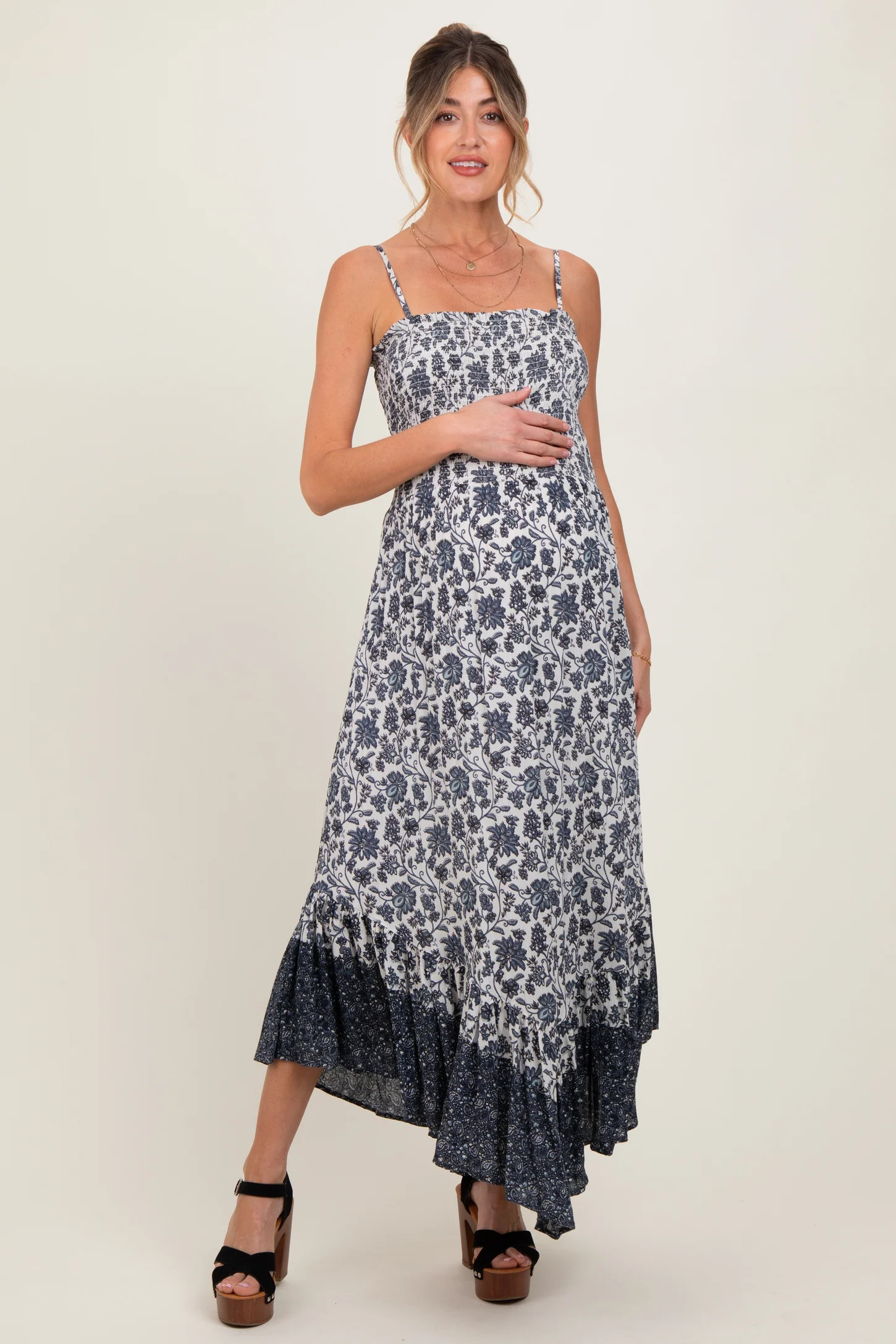 Navy Blue Floral Smocked Handkerchief Hem Maternity Maxi Dress | PinkBlush Maternity