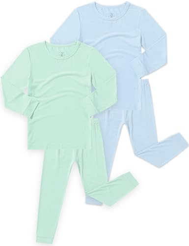 JunNeng Bamboo Viscose Pajamas for Toddler Baby, Boys Girls Solid Snug Fit Pajamas Long Sleeve Sleeper, Green+Blue 2-3 Years | Amazon (US)
