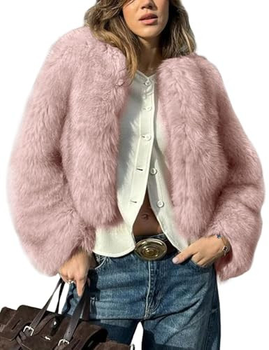 Wyeysyt Womens Faux Fur Cropped Coat Fluffy Faux Fur Jacket Long Sleeve Open Front Winter Warm Jacket(Pink-S) | Amazon (US)